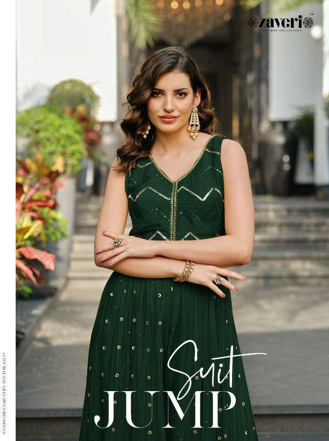 JUMPSUIT COLOR ED - 2 NX BY ZAVERI BRAND PRESENTS CHINON DESIGNER JUMPSUIT WITH EMBROIDERY WORK FRONT AND BACK WITH ATTACHED SLEEVES FABRIC-POSTER